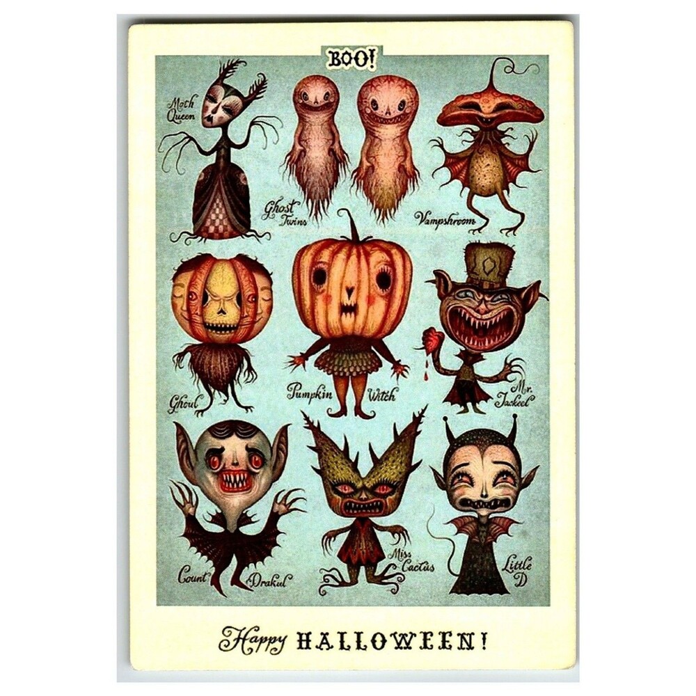 BOO! Vintage Happy Halloween Whimsical Art Postcard - Spooky Strange Characters